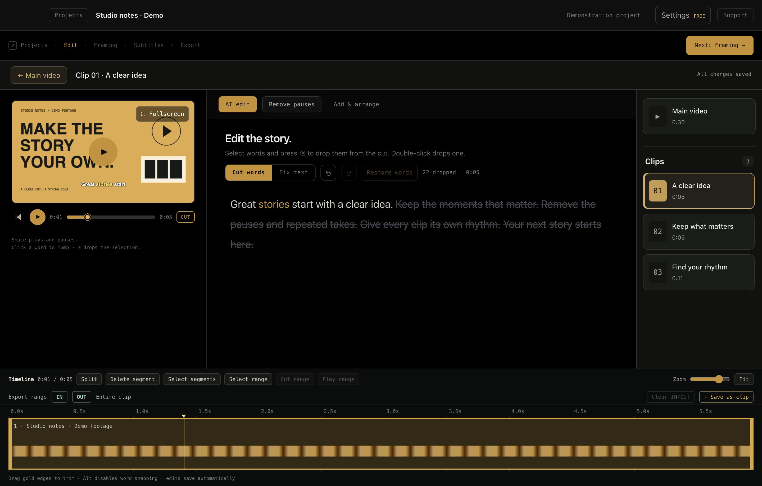DF Editor: real editing interface with synthetic demo footage, a transcript, timeline and numbered clips